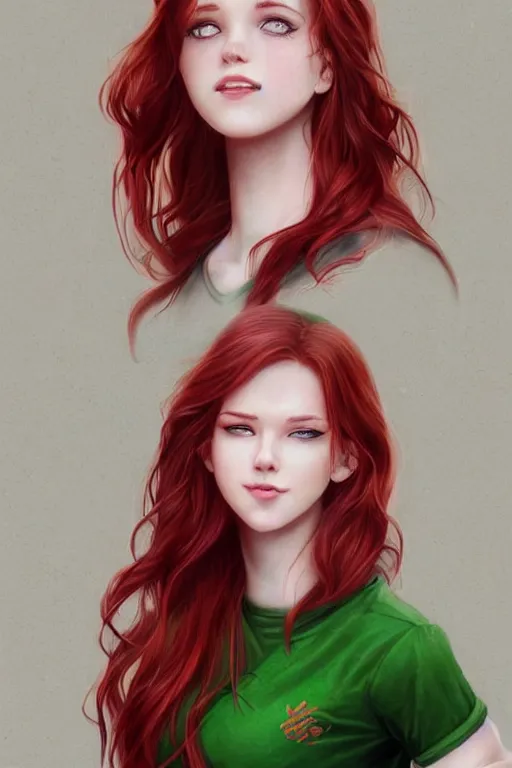 Prompt: beautiful cute red haired joyful and playful nineteen year old maiden standing up in casual green clothing, long hair, attractive face, modern city, rpg character, sci - fi, fantasy, intricate, elegant, digital painting, artstation, concept art, smooth, 8 k frostbite 3 engine, ultra detailed, art by artgerm magali villeneuve