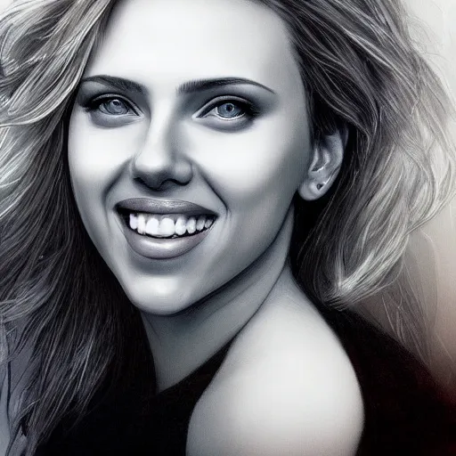 Prompt: portrait of Scarlett Johansson, beautiful eyes, smiling, elegant, highly detailed, photorealistic, artstation, sharp focus, art