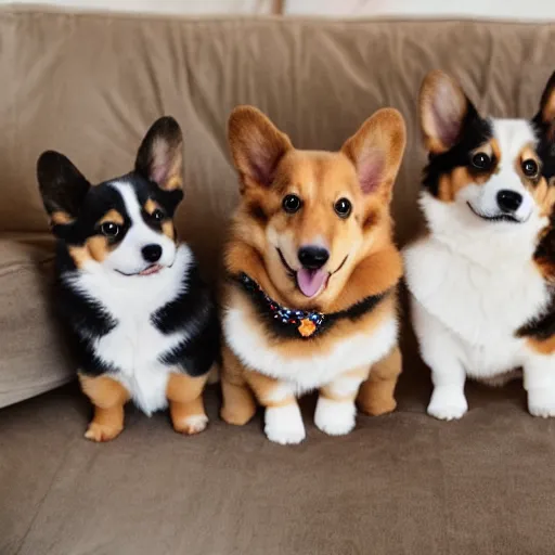 Image similar to 8k highly detailed photograph of the most adorable Corgi Puppies wearing a rainbow bandana, posing on my couch, golden hour,