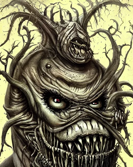 Image similar to Dark fantasy Painting of a hulking muscular EXTRATERRESTRIAL flesh creature with big bulging eyes, white milky eyeballs, skin covered in boils with fish eyes with drool dripping from its mouth, hr giger muscles, straw-like beard growing from face, disgusting, creepy, unsettling, horror, upper body, intricate, wild, highly detailed, digital painting, artstation, concept art, smooth, sharp focus, illustration, art by artgerm and greg rutkowski and alphonse mucha