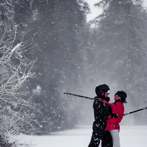 Prompt: happy couple skiing, snowfall, beautiful lighting, 4k