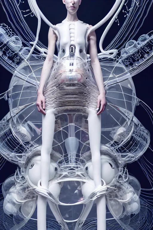 Image similar to background space station, baroque inflateble dress iris van herpen positing on floor, perfect symmetrical, full body shot, white helmet on face, inflateble shapes, wires, tubes, veins, jellyfish, white biomechanical details, wearing epic bionic implants, masterpiece, intricate, biopunk, vogue, highly detailed, artstation, concept art