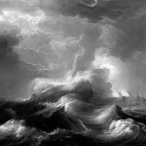 Prompt: 17th century man of war in a storm, turbulent waves, lightning in the background, black tint, Carl Friedrich