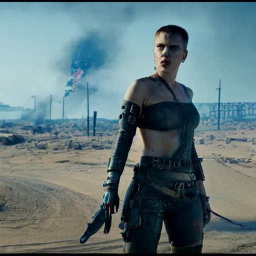 Image similar to Fury Road scarlett johansson after a bad mission in Cyberpunk 2077. CP2077. 3840 x 2160