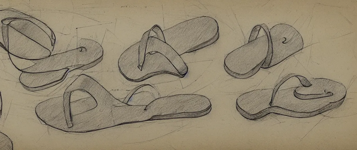 Image similar to detailed blueprint sketches of flip flops, by leonardo davinci, on yellow paper, worn, pencil, sketch