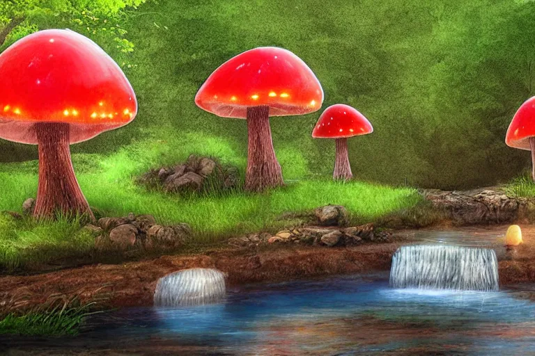 Prompt: giant glowing mushrooms next to a small bridge, flowing water, digital art, scenic,