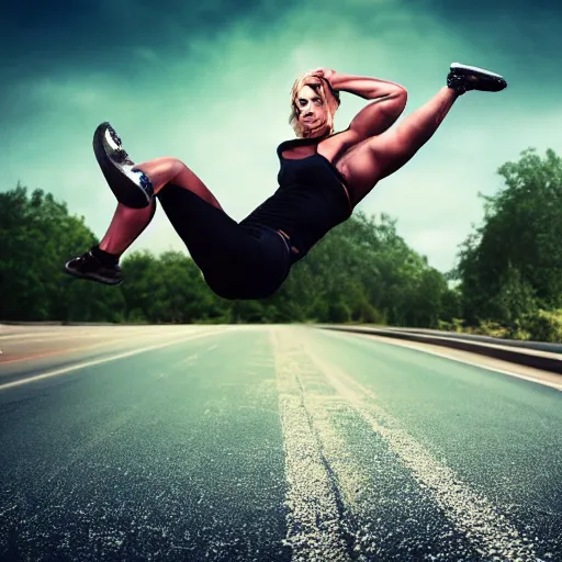 Prompt: car jump, bodybuilder, woman, holding, road, photo, digital art, hands, underbody, tire, throw,