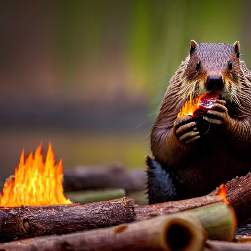 Image similar to wildlife photography of a beaver chewing down a bamboo shoot, surrounded by flames and lava, f / 1. 8, soft focus, 8 k, national geographic, award - winning photograph by nick nichols