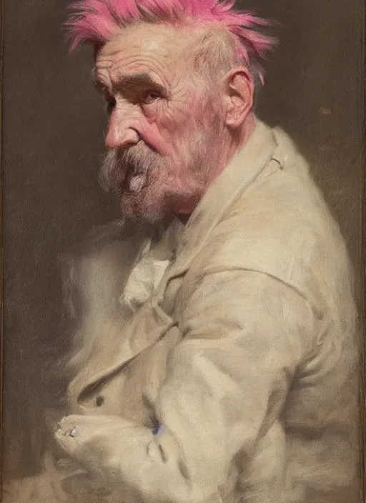 Image similar to a portrait of old man with a pink mohawk by edouard bisson, punk rock, oil painting, muted colours, soft lighting