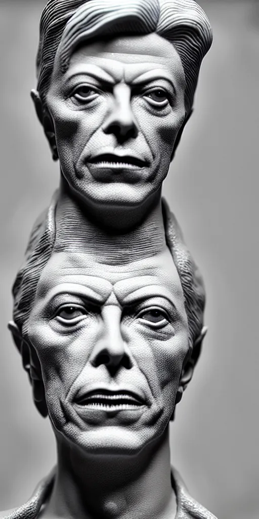 Image similar to David Bowie , A Close up photo-real delicate ceramic porcelain sculpture of a symmetrical ornate detailed in front of an intricate background by Victo Ngai and takato yamamoto, micro detail, backlit lighting, face in focus, subsurface scattering, translucent, thin porcelain, octane renderer, colorful, physically based rendering, japanese pottery, trending on cgsociety