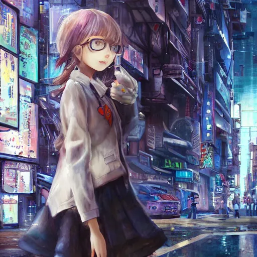 Image similar to dynamic composition, motion, ultra-detailed, incredibly detailed, a lot of details, amazing fine details and brush strokes, colorful and grayish palette, smooth, HD semirealistic anime CG concept art digital painting, watercolor oil painting of Clean and detailed post-cyberpunk sci-fi close-up schoolgirl in asian city in style of cytus and deemo, blue flame, relaxing, calm and mysterious vibes,, by a Chinese artist at ArtStation, by Huang Guangjian, Fenghua Zhong, Ruan Jia, Xin Jin and Wei Chang. Realistic artwork of a Chinese videogame, gradients, gentle an harmonic grayish colors. set in half-life 2, Matrix, GITS, Blade Runner, Neotokyo Source, Syndicate(2012), dynamic composition, beautiful with eerie vibes, very inspirational, very stylish, with gradients, surrealistic, dystopia, postapocalyptic vibes, depth of field, mist, rich cinematic atmosphere, perfect digital art, mystical journey in strange world