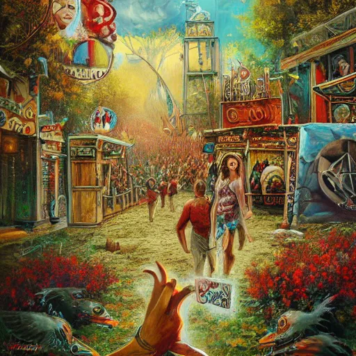 Image similar to woodstock 1 9 6 9 ornate background, beautiful fantasy detailed trending on artstation, oil painting, digital art high quality print, fine art with subtle redshift rendering