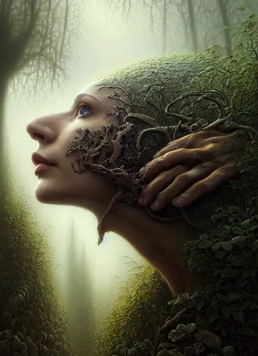 Image similar to closeup portrait shot of a connection with nature in a scenic dystopian environment, intricate, elegant, highly detailed, centered, digital painting, artstation, concept art, smooth, sharp focus, illustration, artgerm, tomasz alen kopera, peter mohrbacher, donato giancola, joseph christian leyendecker, wlop, boris vallejo