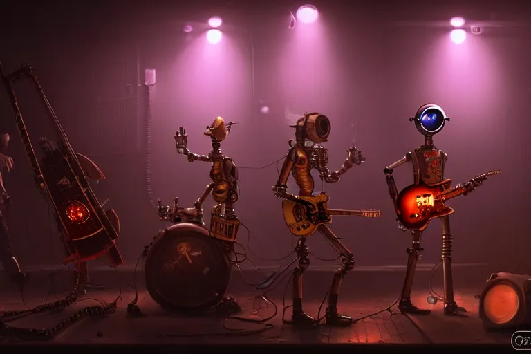 Image similar to 3 steampunk robot rock musicians playing at a seedy club, focus on the musicians, cinematic lighting, exaggerated detailed, unreal engine, octane render, trending on artstation, art by greg rutkowski, 4 k