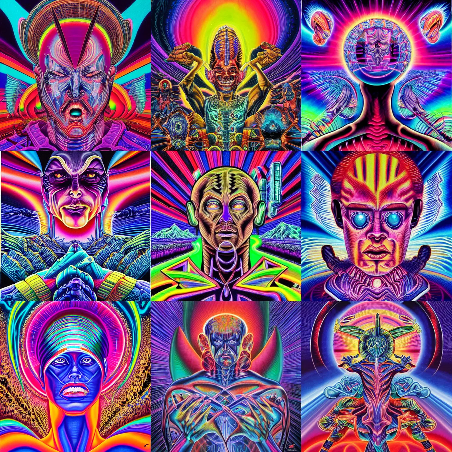 Prompt: synthwave painting by alex grey, android jones, chris dyer, and aaron brooks