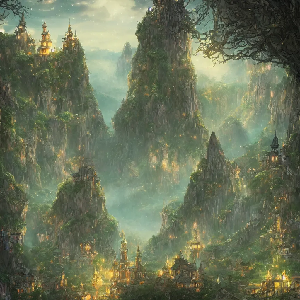 Prompt: kingdom of elves, outside of time and space, dreamy, romantic, night lighting, gorgeous lighting, dramatic cinematic lighting, intricate, highly detailed, in the style of studio ghibli, 8 k