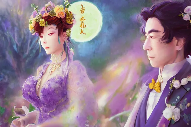 Image similar to a cinematic portrait of wedding photograph jpeg close up moment of a divine a japan sun god and moon goddess lovers magician at a wedding banquet. portraiture. digital painting. artstation. concept art. wedding photo. digital painting. violet evergarden art masterpiece by art by krenz cushart