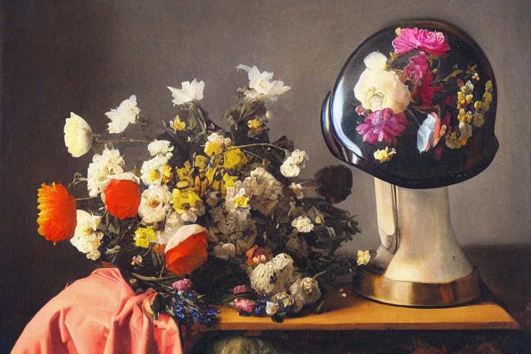 Prompt: still life with astronaut helmet and flowers in the style of the dutch masters