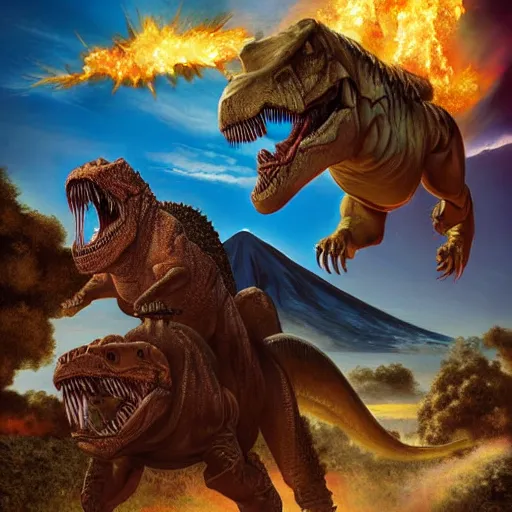 Image similar to benjamin netanyahu riding a t - rex with a shotgun, epic volcano background by victor adame minguez by yuumei by tom lovell by sandro botticelli