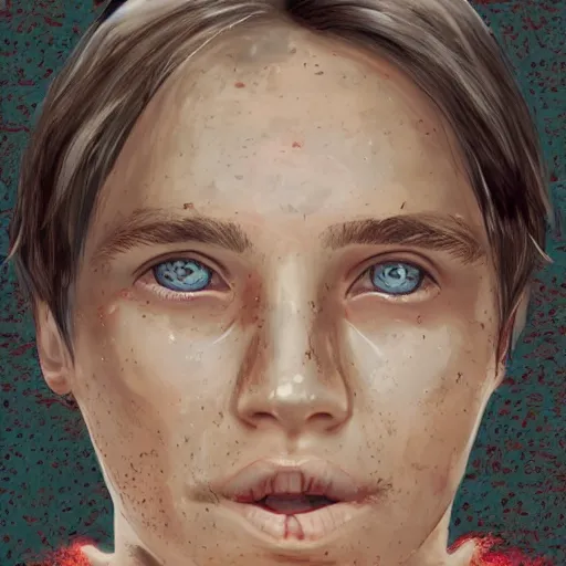 Image similar to face portrait of a thin teen boy with short red hair, a lot of freckles, blue eyes, a long nose, freckles, highly detailed, digital art