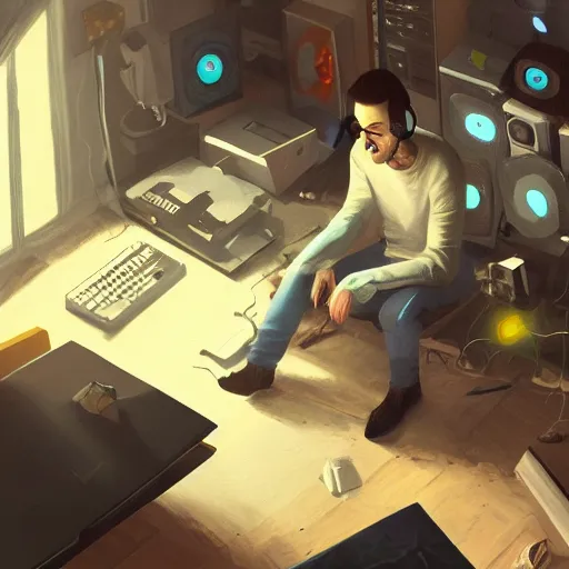 Image similar to aerial view of a guy in his bedroom surrounded by electronics computers food video games, faded effect, highly detailed, digital painting, artstation, concept art, soft light, sharp focus, illustration