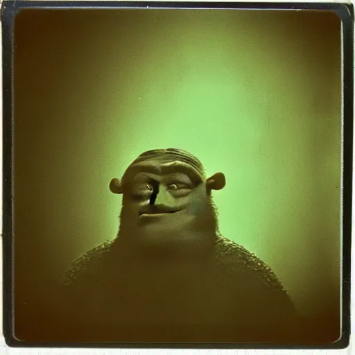 Image similar to 1 9 6 0's old polaroid of monster shrek staring from the depths of the dark gloomy forest, beksinsky, carpenter, creepy pasta, photorealistic, grainy, found footage, old film, low quality, horror, creepy, unsettling, liminal, terrifying