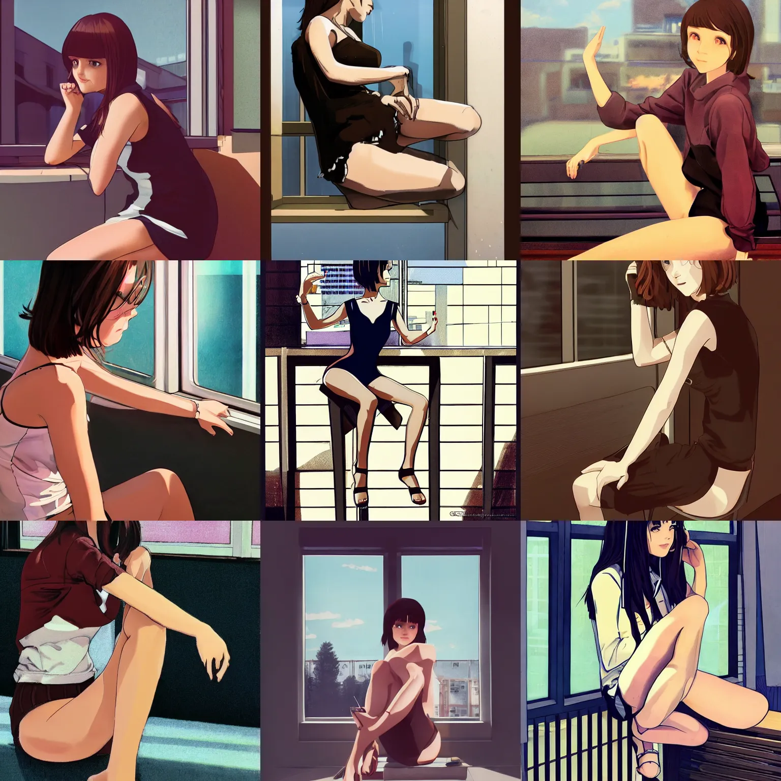 Prompt: sexy girl with dark brown hair, sitting down, leaning against the window, beautiful legs and shorts, in the style of ilya kuvshinov
