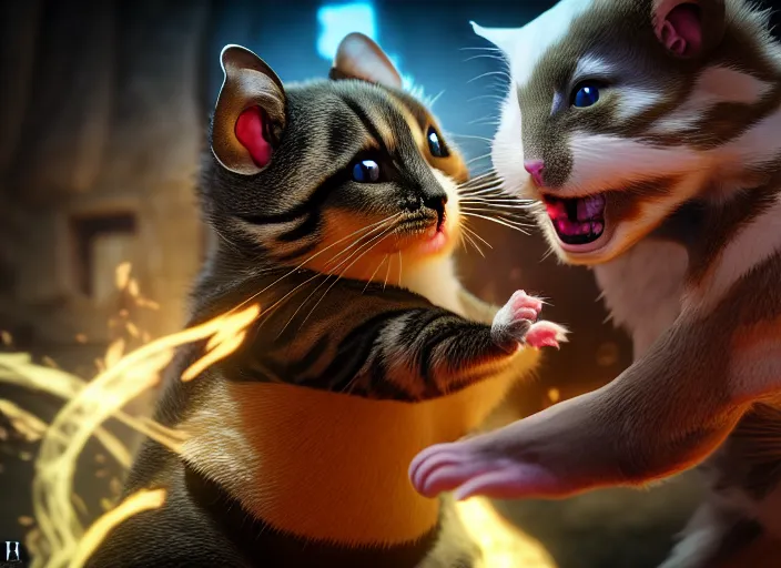 Image similar to hamster fights a cat in mortal kombat on the background of a laughing shao khan. fantasy magic style. highly detailed 8 k. intricate. lifelike. soft light. sony a 7 r iv 5 5 mm. unreal engine with nanite and path tracing