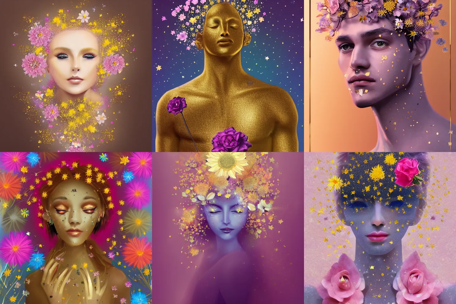 Prompt: man made of beautiful flowers and stars. fantasy art. trending on artstation. 4 k. pastel. golden foil. elegant. rose, dandelion, chamomile, lily