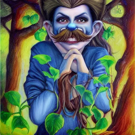 Prompt: a magic talking tree ent with eyes, smiling mouth and a moustache, fantasy concept art, oil painting by dorina costras, by artgerm