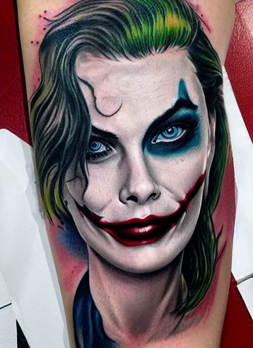 Image similar to tattoo design of margot robbie with joker makeup, ace card, in the style of tony santos, realistic face, black and white, realism tattoo, hyper realistic, highly detailed