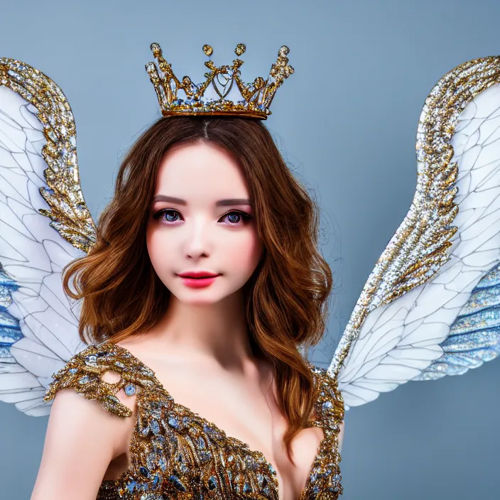 Image similar to photo of a real - life bueatiful angel queen with crystal wings, highly detailed, 4 k, hdr, smooth, sharp focus, high resolution, award - winning photo