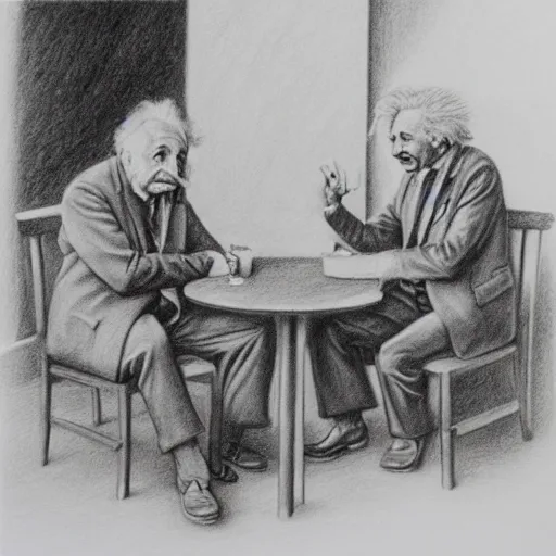 Image similar to Einstein and Newton sitting at cafe, pencil drawing, ultra detailed