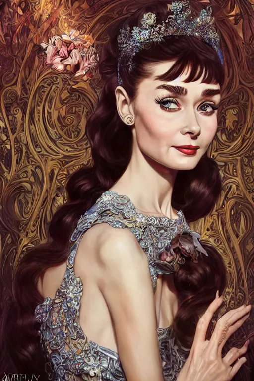 Image similar to audrey hepburn, cute, fantasy, intricate, elegant, highly detailed, digital painting, 4k, HDR, concept art, smooth, sharp focus, illustration, art by artgerm and H R Giger and alphonse mucha