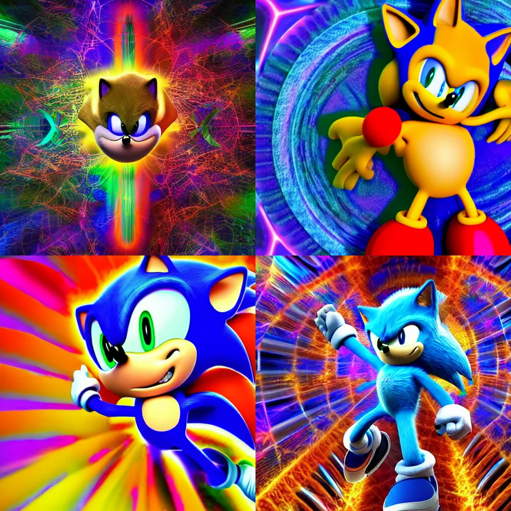 Prompt: a high quality 3D render of Sonic the Hedgehog in the style of Shpongle, psychedelic DMT Sonic 4K