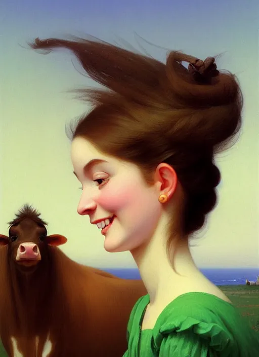 Image similar to hyper detailed 3 d render like a oil painting - cute portrait of a brunette called emma, italian looks, long brunette hair, with a smiling cow looking over her shoulder by ryden, kawase hasui, dorothea tanning, edward hopper and james gilleard, aivazovsky, beksinski, outram, artstation