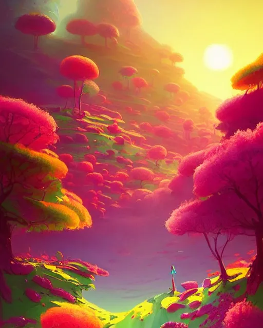 Image similar to candyland landscape | candies desserts cherry - blossoms | highly detailed | very intricate | fantasy whimsical magical | soft bright natural morning light | pixar | award - winning | matte painting by anton fadeev and paul lehr and rhads and alena aenami | pastel color palette | featured on artstation