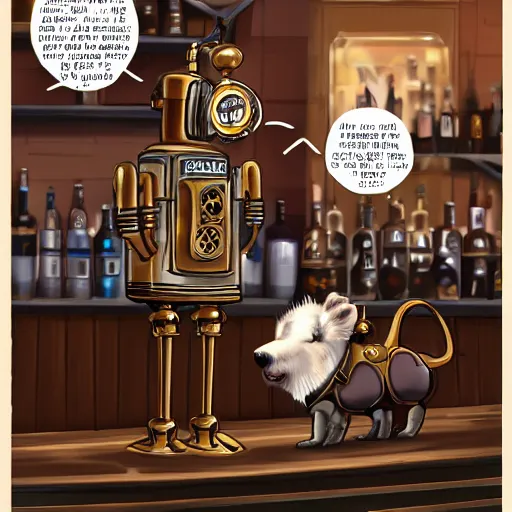 Prompt: a steampunk robot is at the bar and orders a drink from a (TY fluffy puppy) bartender, cgsociety.