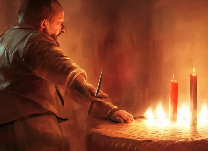 Prompt: a ukrainian man stabbing vladimir putin in the belly in moscow, lit by candles, digital painting, artstation, concept art, craig mullins, breathtaking, 8 k resolution, extremely detailed, beautiful, establishing shot, artistic, hyperrealistic, octane render, cinematic lighting, dramatic lighting, masterpiece, light brazen, extremely detailed and beautiful face