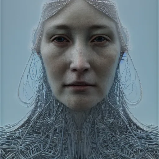 Prompt: Woman portrait, ice crystal wires everywhere, flat background, by Edgar Maxence and Ross Tran, Zdzisław Beksiński, and Michael Whelan, distant, gustav dore, H.R. Giger, 8k, octane render