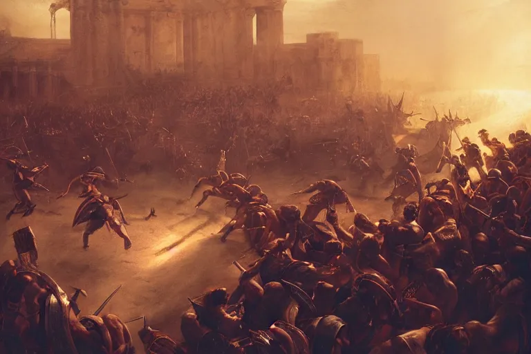 Prompt: Movie scene depiction of Roman gladiators dueling to the death with spectators in background, in the style of Greg Rutkowski and Ace Powell and Jean Giraud, extremely moody lighting, glowing light and shadow, atmospheric, shadowy, cinematic