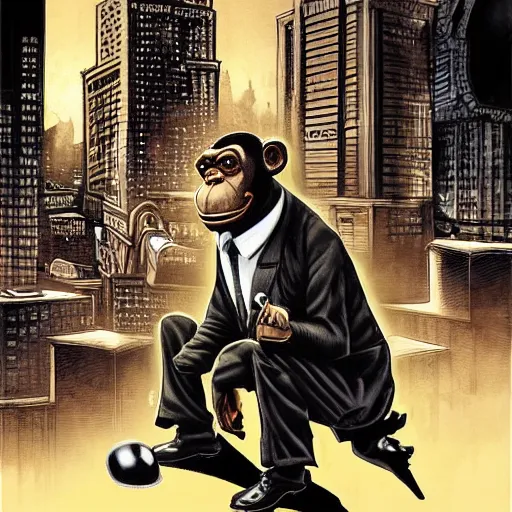 Image similar to Portrait of a film noir anthropomorphic chimp detective wearing a suit and smoking a cigar, in the background are buildings and restaurants, intricate, elegant, highly detailed, smooth, sharp focus, detailed face, high contrast, dramatic lighting, graphic novel, art by Ardian Syaf and Pepe Larraz,