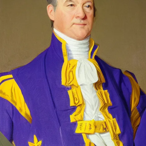 Image similar to official portrait of the los angeles lakers dictator, 1 7 8 0, in full lakers military garb. oil on canvas by william sidney mount, oil on canvas, octane render