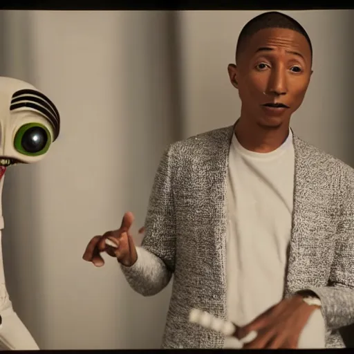 Image similar to cinematic film still of Pharrell Williams Making A Beat with an anthropomorphic alien, Japanese VFX, 2018, 400mm lens, f1.8, shallow depth of field,film photography