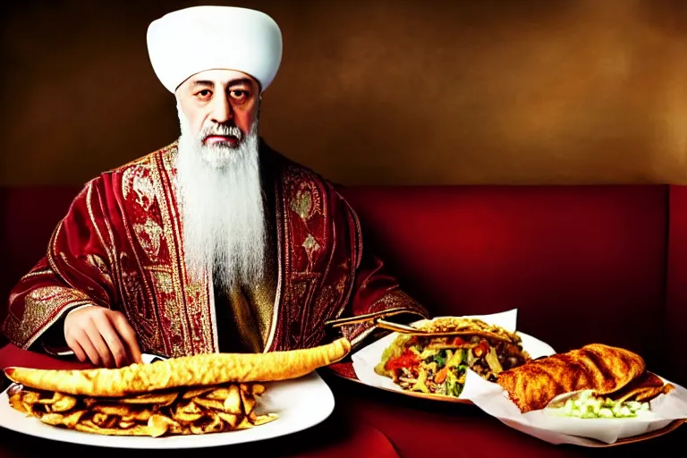 Prompt: Ottoman Sultan Mehmet IV eating shawarma in a restaurant, wearing big ovular turban and a luxurious Ottoman coat, mid-shot, cold lighting, photography from Vogue Magazine, neat, precise, realistic, detailed facial features, expressive, photorealistic, hyperrealism, micro details, HDR Shot, in the style of Martin Schoeller