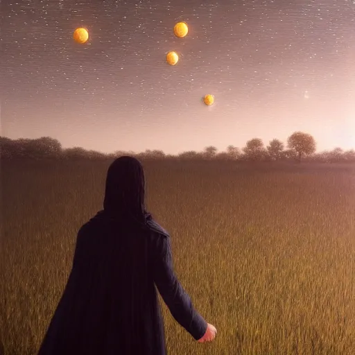 Image similar to woman catching stars at night, hyper realistic, by lee madgwick or john howe or caspar david friedrich, unreal engine 5, trending on artstation, spring color scheme