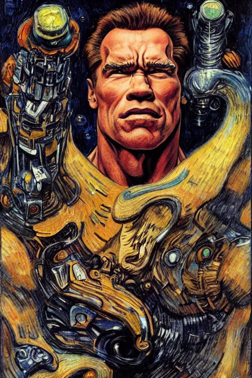 Image similar to character art the contra, bill rizer, arnold schwarzenegger, by karol bak, jean deville, gustav klimt, and vincent van gogh, trickster, enigma, destiny, inspiration, muse, otherworldly, arcane, spirals