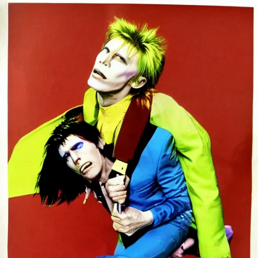 Image similar to david bowie from changes giving a piggy back ride to ziggy stardust. glam rock. colorful. by andy warhol