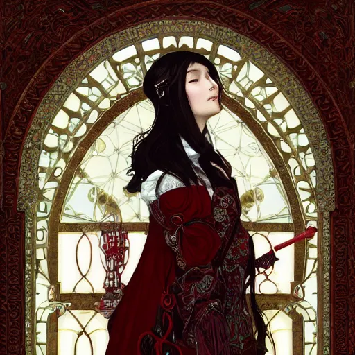 Image similar to a beautiful portrait of hatsune miku with long black and deep red colored hair dressed as a 1 0 th century european noblewoman, intricate, elegant, highly detailed, digital painting, artstation, concept art, matte, sharp focus, illustration, art by greg rutkowski and alphonse mucha