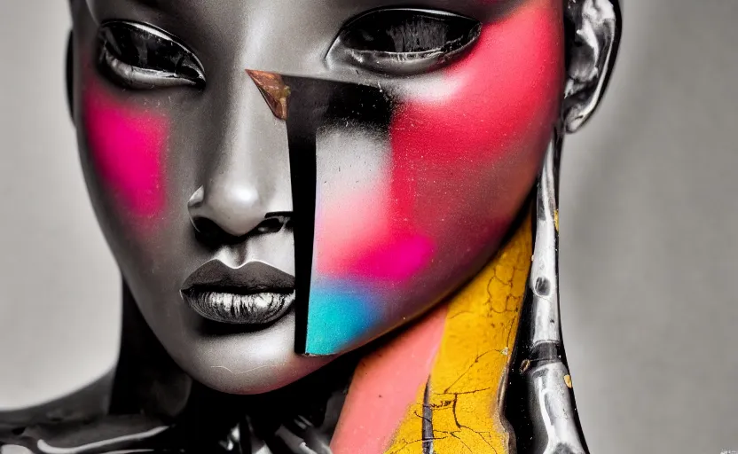 Image similar to close up portrait of extremely beautiful female black marble statue in the style of virgil abloh, colorful motocross logos behind her, sharp focus, clear, detailed,, cinematic, detailed, off white, glamourous, symmetrical, vogue, editorial, fashion, magazine shoot, glossy